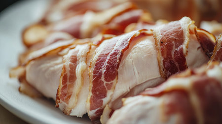 A close-up of bacon being wrapped around a juicy chicken breast, with a white background to emphasize the savory combination, perfect for gourmet cooking presentations.の素材