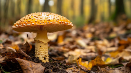 A vibrant orange mushroom stands tall amidst fallen leaves in an autumn forest, showcasing the beauty of nature's seasonal transformation and fungi diversity.の素材