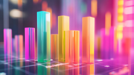 This vibrant image showcases a colorful data visualization with glossy bar graphs, representing statistics and metrics in a modern digital style.の素材