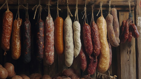 This image showcases assorted dried sausages artistically hanging in a rustic market. The warm tones and artisanal presentation highlight traditional food craftsmanship.の素材