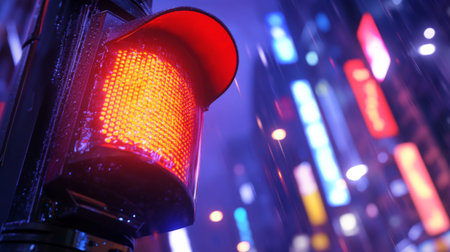 A striking red traffic light illuminates a rainy urban night, surrounded by vibrant neon colors. The scene captures the essence of city life and the beauty of wet streets.の素材