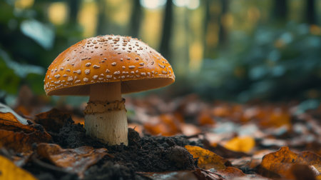 A stunning close-up of a vibrant amber mushroom rising from the forest floor amidst fallen autumn leaves. This image captures the beauty and serenity of nature.の素材
