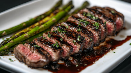A beautifully presented grilled steak, sliced to showcase its juicy medium-rare interior, paired with fresh asparagus spears, garnished for an elegant dining experience.の素材