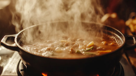 A close-up view of a bubbling pot on the stove, filled with meat and fresh vegetables. Steam rises above, creating an inviting and warm atmosphere for cooking.の素材