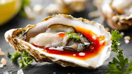 A fresh oyster sits elegantly on a black slate background, topped with a vibrant sauce and garnished with parsley. This gourmet seafood dish highlights culinary art.の素材