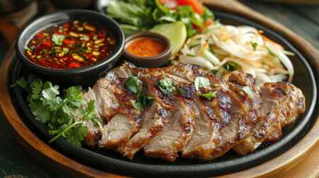 A beautifully plated dish of grilled pork and vegetables, with dipping sauces and fresh herbs arranged artfully, highlighting the colors and flavors of this popular Thai dining experienceの素材