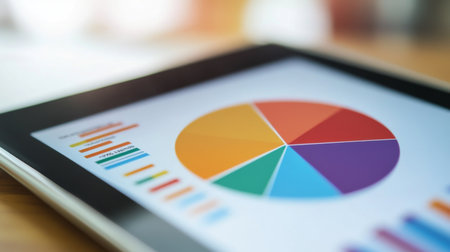 A close-up of a tablet displaying a colorful pie chart and graph, ideal for showcasing business data analysis and marketing presentations in a modern workspace.の素材