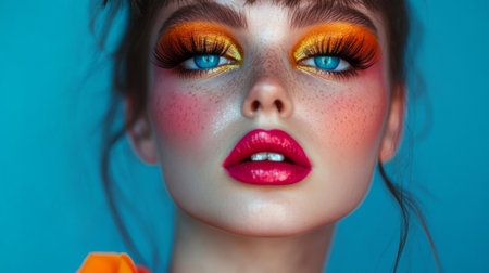 This stunning portrait features a model with vibrant makeup, emphasizing bold colors and intricate details. The striking contrast creates an alluring visual effect.の素材
