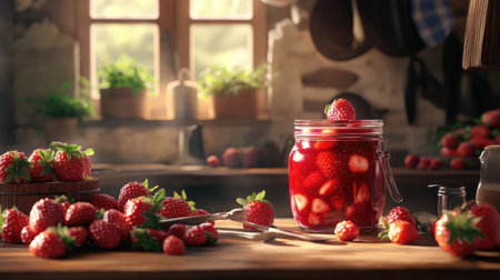 A beautiful jar of homemade strawberry jam sitting on a rustic kitchen counter, surrounded by fresh strawberries and baking utensils, evoking a cozy atmosphereの素材