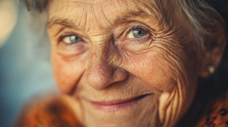 A captivating close-up portrait of an elderly woman smiling warmly, showcasing her expressive eyes and the beauty of aging. The image conveys joy and wisdom.の素材