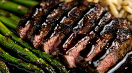 Indulge in a savory grilled steak paired with fresh asparagus and rice, showcasing vibrant colors and rich textures for a gourmet dining experience.の素材
