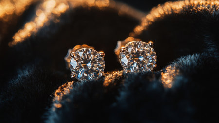 Intricate diamond stud earrings sparkle against a rich velvet background. The soft light enhances their elegance, making them perfect for any occasion.の素材