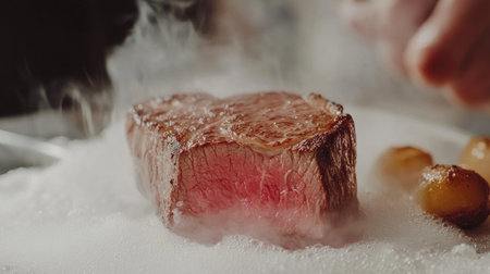 A close-up of a steak being sliced, revealing a juicy, pink center, with steam rising, emphasizing the tenderness and flavor that comes with a well-cooked steak.の素材