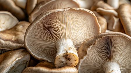 A captivating close-up image of fresh organic mushrooms showcasing intricate gills and earthy tones. Perfect for culinary and food-related projects.の素材