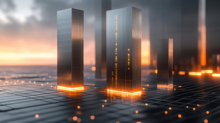 A 3D bar chart with metallic, glowing bars of varying heights, representing financial performance, displayed on a modern grid surface with floating numbers.の素材