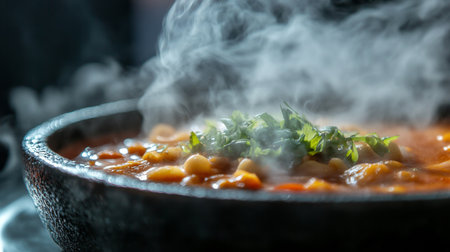 A steaming bowl of delicious soup garnished with fresh herbs, showcasing vibrant colors and inviting aromas, perfect for a cozy meal any time of year.の素材