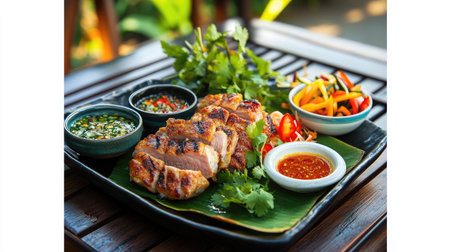 A beautifully plated dish of grilled pork and vegetables, with dipping sauces and fresh herbs arranged artfully, highlighting the colors and flavors of this popular Thai dining experienceの素材