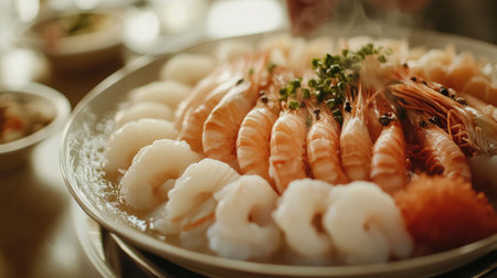 A beautifully styled platter of fresh seafood, including shrimp, squid, and fish, ready to be cooked in a shabu-shabu pot, emphasizing the freshness and quality of the ingredients.の素材