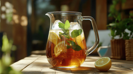 A clear glass pitcher filled with iced tea and ice cubes, garnished with mint leaves and lemon slices, set against a rustic wooden table for a cozy summer vibe.の素材