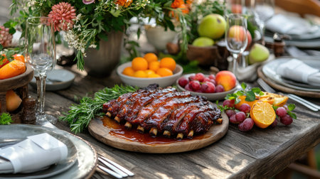 A beautifully styled table setting featuring a centerpiece of glazed pork ribs, surrounded by fresh herbs, fruits, and rustic dishes, creating an inviting atmosphere.の素材