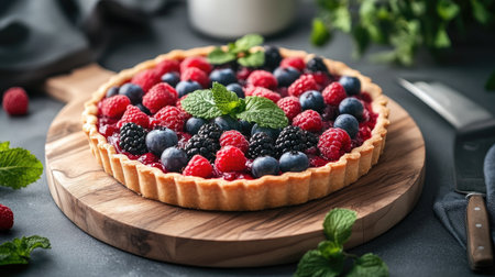 A beautiful arrangement of mixed berries on a wooden cutting board, with a few scattered mint leaves, ready to be used in a fresh fruit tart, emphasizing the colors and textures of the ingredients.の素材