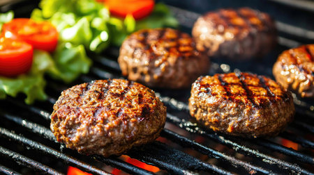 A close-up of a juicy burger being assembled with fresh lettuce, tomato, and cheese, showcasing the vibrant colors and textures of the ingredients on a grill.の素材