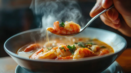A close-up of a person savoring a spoonful of hot and spicy shrimp soup, with steam rising from the bowl, emphasizing the comforting and flavorful experience of this dish.の素材