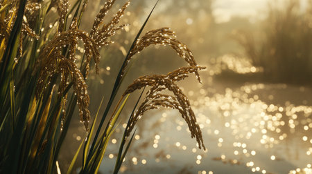 A close-up of dew-kissed paddy rice plants in the early morning light, with golden grains glistening, representing the freshness and vitality of rural farming lifeの素材