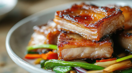 A close-up of crispy pork belly being served over a bed of stir-fried vegetables, highlighting the contrast of textures and colors for a visually appealing meal that is both delicious and nutritious.の素材