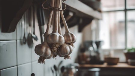 A bundle of fresh garlic bulbs tied with twine, hanging in a kitchen setting, with natural light filtering through, emphasizing their rustic, homely feel.の素材