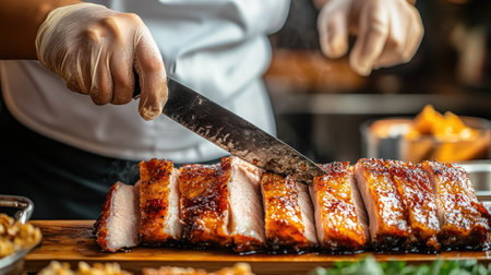 A chef expertly slicing into a perfectly cooked crispy pork belly, revealing its tender meat and crunchy skin, in a bustling Thai kitchen setting.の素材