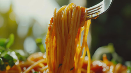 A close-up of a fork twirling spaghetti, with sauce dripping and fresh herbs in the background, capturing the deliciousness and inviting texture of this classic Italian dish.の素材