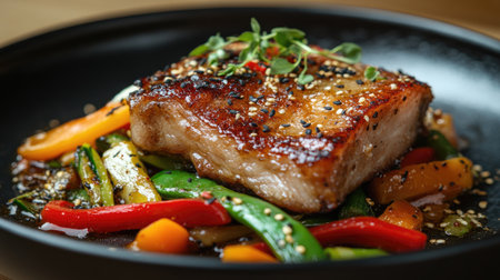 A close-up of crispy pork belly being served over a bed of stir-fried vegetables, highlighting the contrast of textures and colors for a visually appealing meal that is both delicious and nutritious.の素材