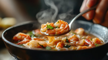 A close-up of a person savoring a spoonful of hot and spicy shrimp soup, with steam rising from the bowl, emphasizing the comforting and flavorful experience of this dish.の素材