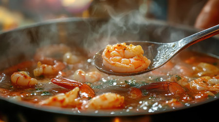 A close-up of a ladle scooping steaming hot shrimp soup, showcasing the rich broth and plump shrimp, with a blurred background of a lively kitchen scene.の素材