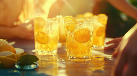 A cheerful summer scene with friends enjoying cold lemonade outdoors, glasses in hand, laughter and sunlight creating a warm, inviting atmosphere.の素材