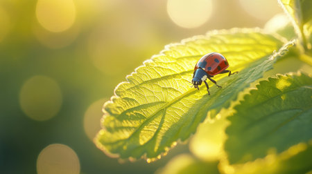 A close-up of a vibrant green leaf with a tiny ladybug crawling across its surface, the sunlight creating soft shadows and highlighting the leaf's texture.の素材