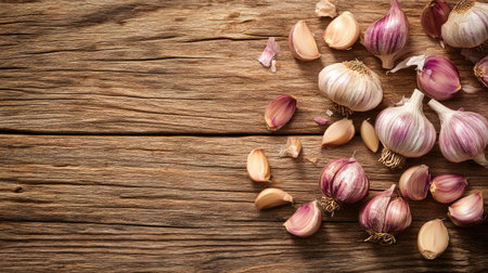A close-up of fresh garlic bulbs and cloves scattered on a rustic wooden surface, with soft lighting highlighting their natural texture and earthy tones.の素材
