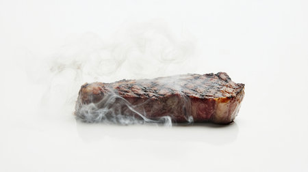 A close-up of a sizzling steak on a grill, with smoke rising and grill marks visible, capturing the essence of cooking and the delicious aroma, against a simple white background.の素材