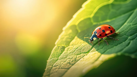 A close-up of a vibrant green leaf with a tiny ladybug crawling across its surface, the sunlight creating soft shadows and highlighting the leaf's texture.の素材