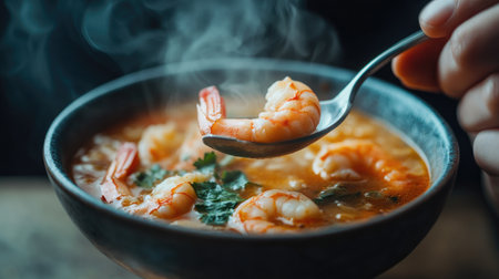 A close-up of a person savoring a spoonful of hot and spicy shrimp soup, with steam rising from the bowl, emphasizing the comforting and flavorful experience of this dish.の素材
