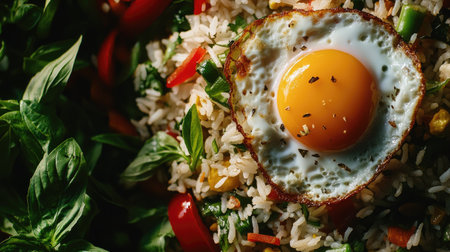 A close-up of a delicious serving of Thai basil fried rice, with a crispy fried egg resting on top, surrounded by fresh vegetables and herbs, showcasing the beauty of homemade Thai cuisine.の素材