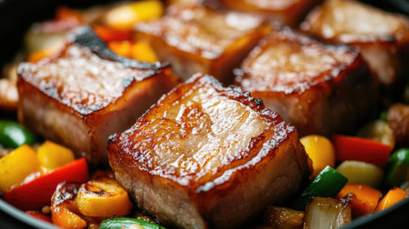 A close-up of crispy pork belly being served over a bed of stir-fried vegetables, highlighting the contrast of textures and colors for a visually appealing meal that is both delicious and nutritious.の素材