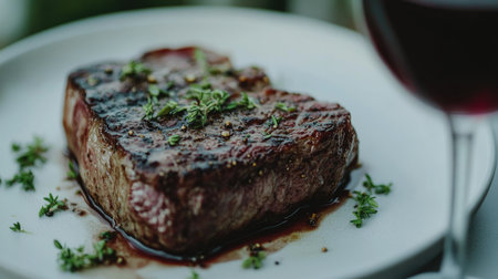 A close-up of a well-cooked steak resting on a plate, garnished with fresh herbs and accompanied by a glass of red wine, highlighting the elegance of a fine dining experience against a white backdrop.の素材
