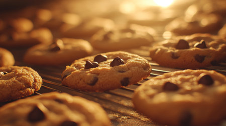 Freshly baked chocolate chip cookies cooling on a rack, golden brown with a rich aroma. Ideal for food lovers and baking enthusiasts seeking comfort and indulgence.の素材