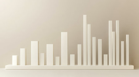 A minimalist white bar graph representing various data trends on a soft background. Ideal for visuals related to business analytics, statistics, and modern workspace environments.の素材