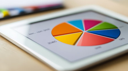 A vibrant pie chart displayed on a tablet showcases data analysis in a modern office. Ideal for representing business metrics and digital strategies.の素材