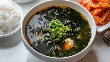 A beautiful food photography shot of a bowl of hot seaweed soup served with a side of rice and kimchi, creating a colorful and appetizing composition on a white backgroundの素材