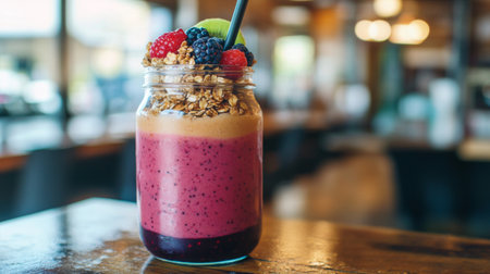This vibrant berry smoothie is served in a jar topped with granola and fresh fruits. A perfect healthy drink choice for breakfast or a refreshing snack.の素材