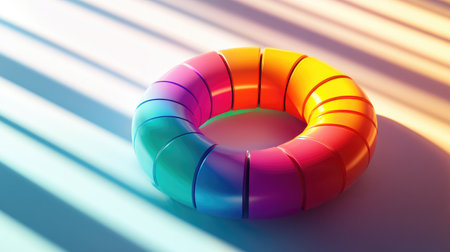 A 3D donut chart with vivid color segments spinning in space, showcasing data insights, against a minimalist background with subtle shadows.の素材